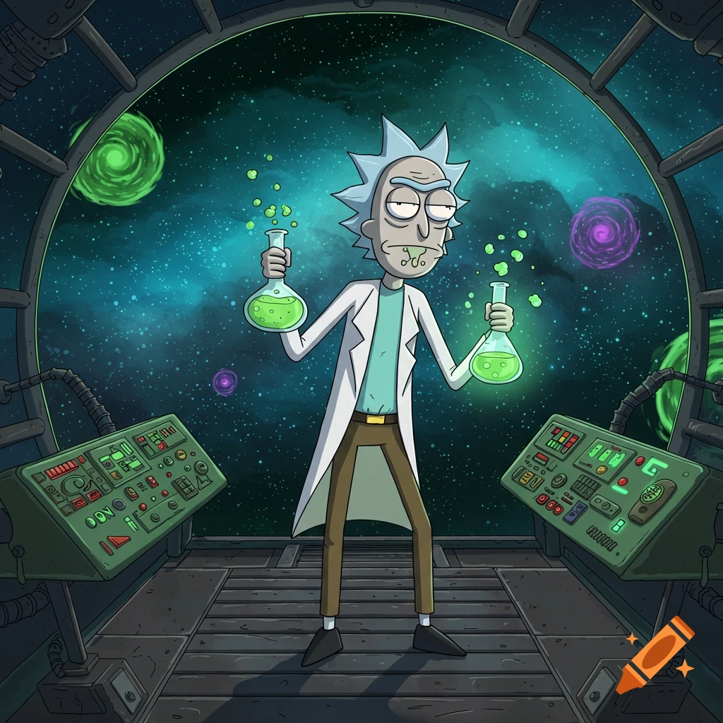 Rick from Rick and Morty stands in a spaceship, holding two glowing green beakers with bubbles, with planets and stars visible through the window.