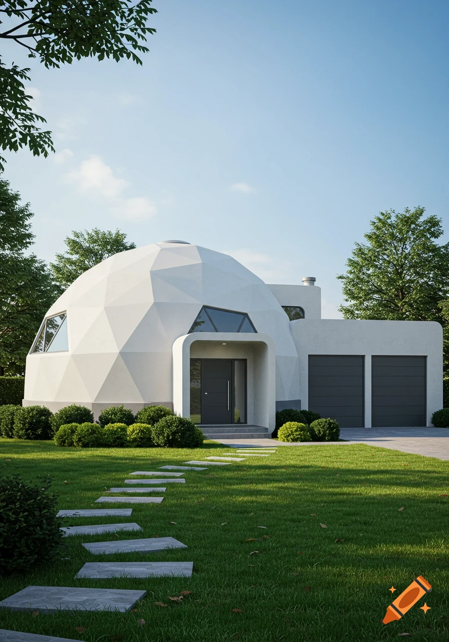 Photorealistic image of a modern white geodesic dome house with a two-car garage, on a green lawn with a stone path under a blue sky.