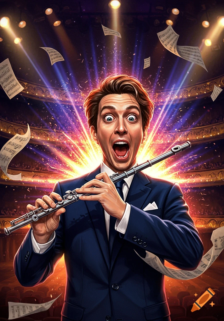 A man with an exaggerated expression plays a flute on stage, surrounded by floating sheet music and bright spotlights, in a vibrant digital art style.