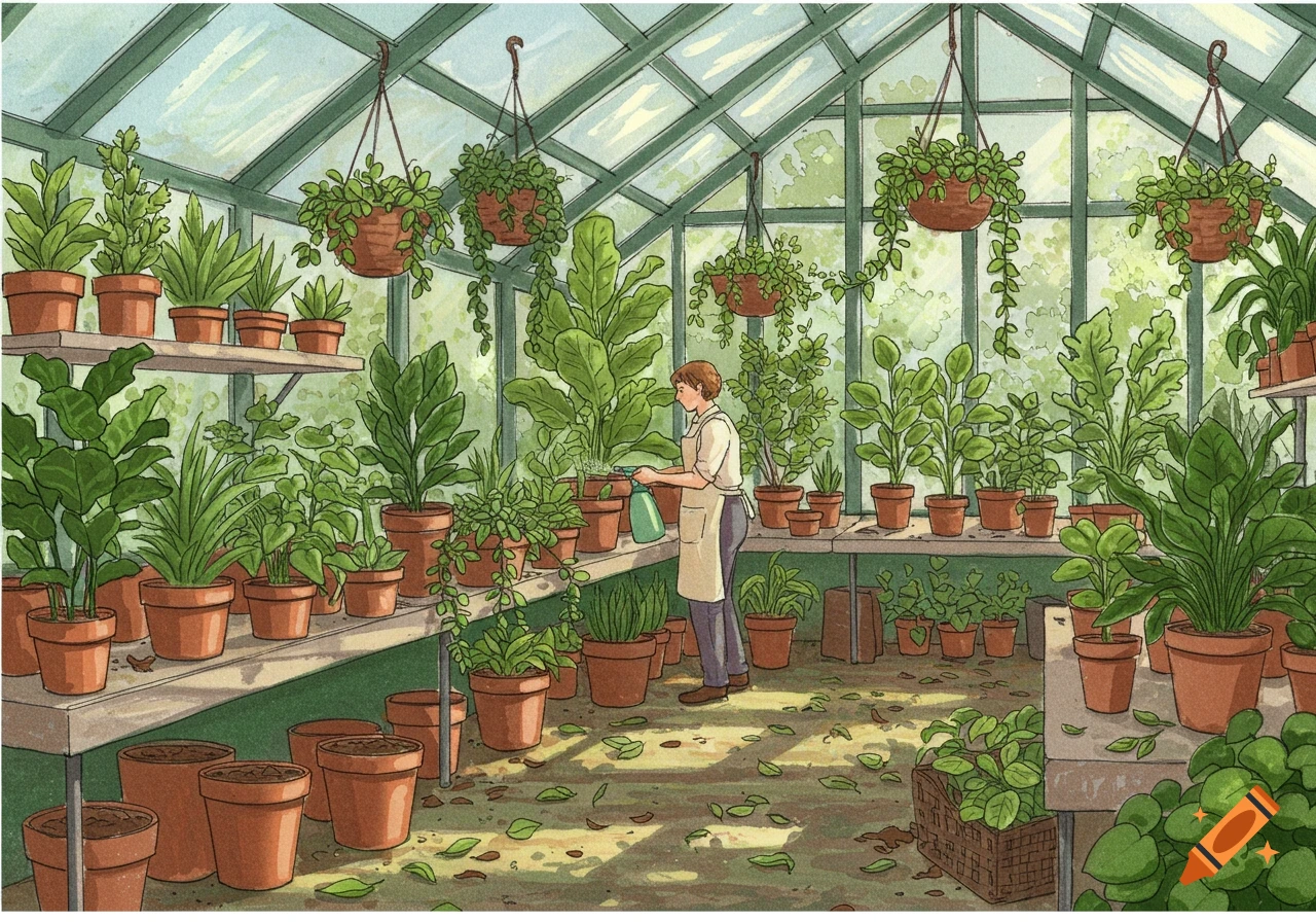 An illustration of a person watering numerous potted plants inside a bright greenhouse.