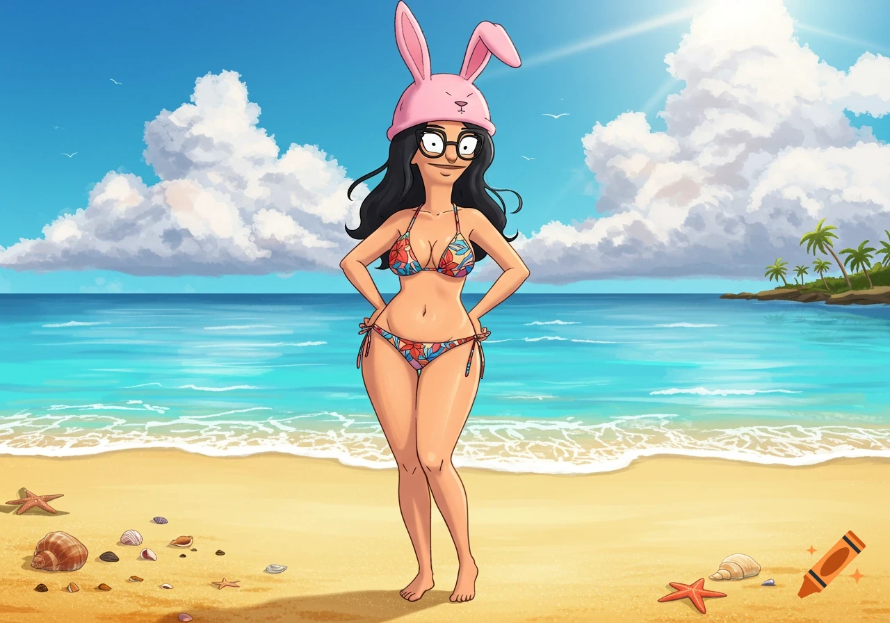 An adult Louise Belcher from Bob's Burgers stands on a sandy beach wearing a floral bikini and her pink bunny ears hat.