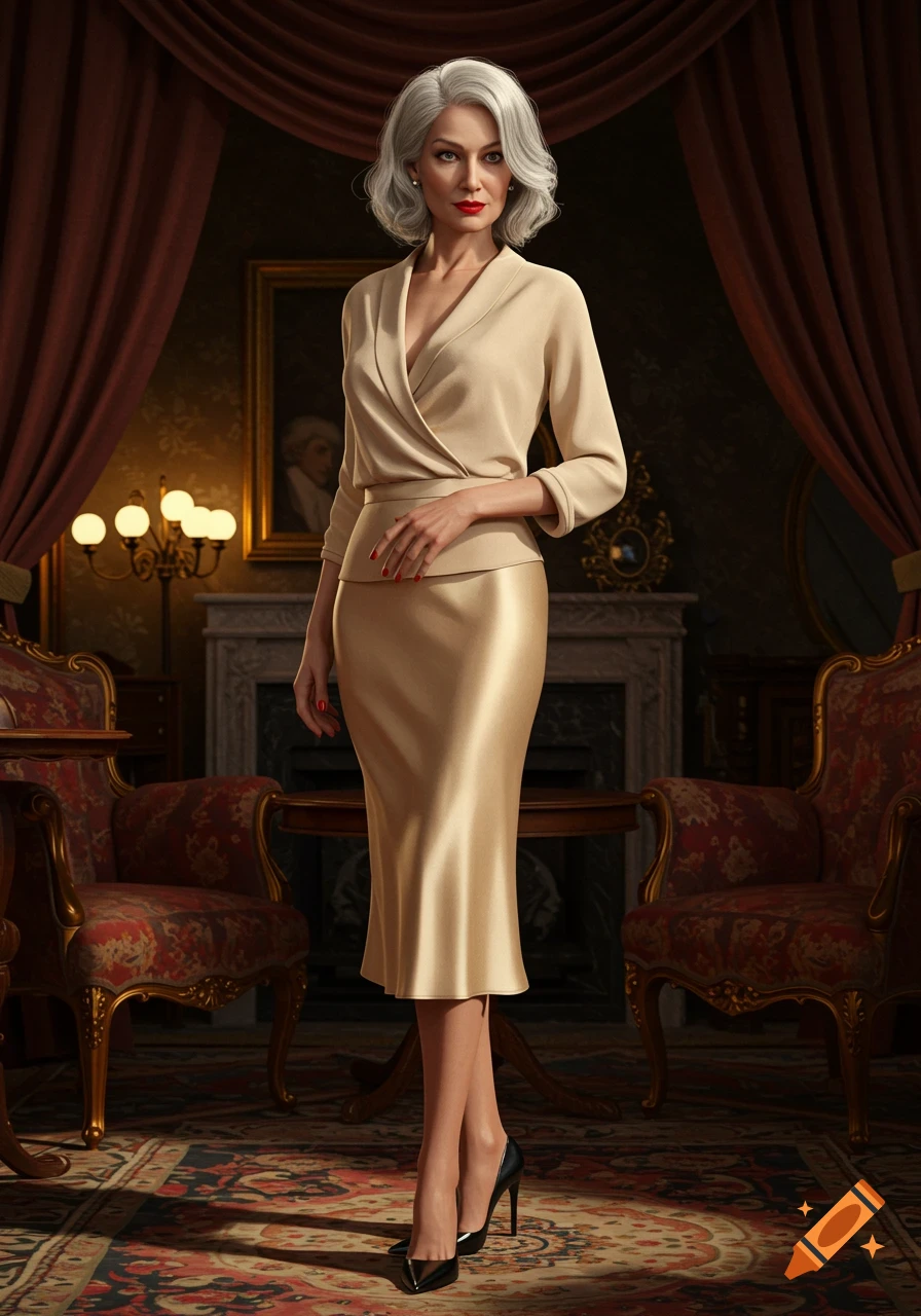 An elegant older woman with silver-grey hair, red lips, and a cream silk dress stands confidently in a softly lit vintage room.