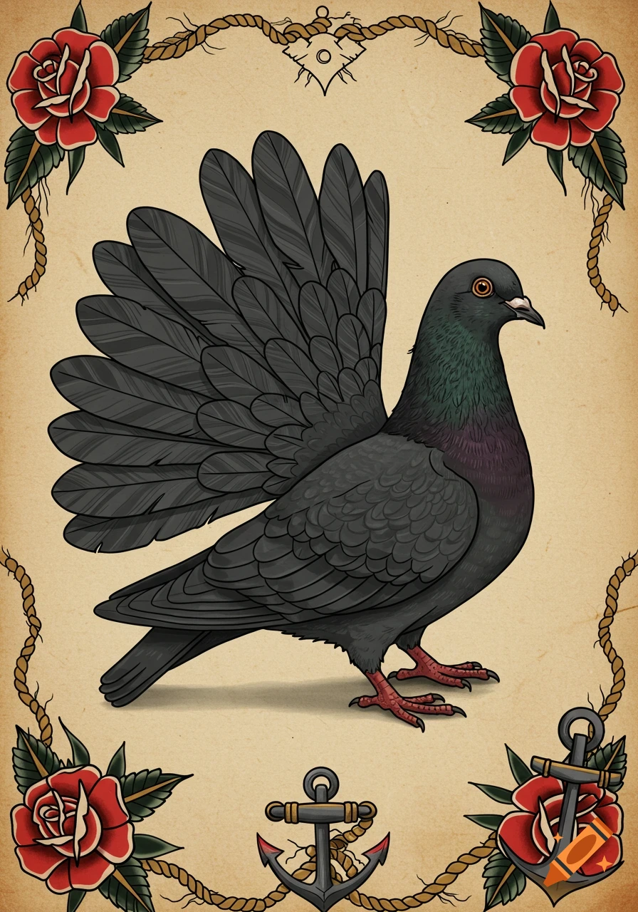 A charcoal gray fantail pigeon in old Americana tattoo style, framed by red roses, ropes, and anchors.