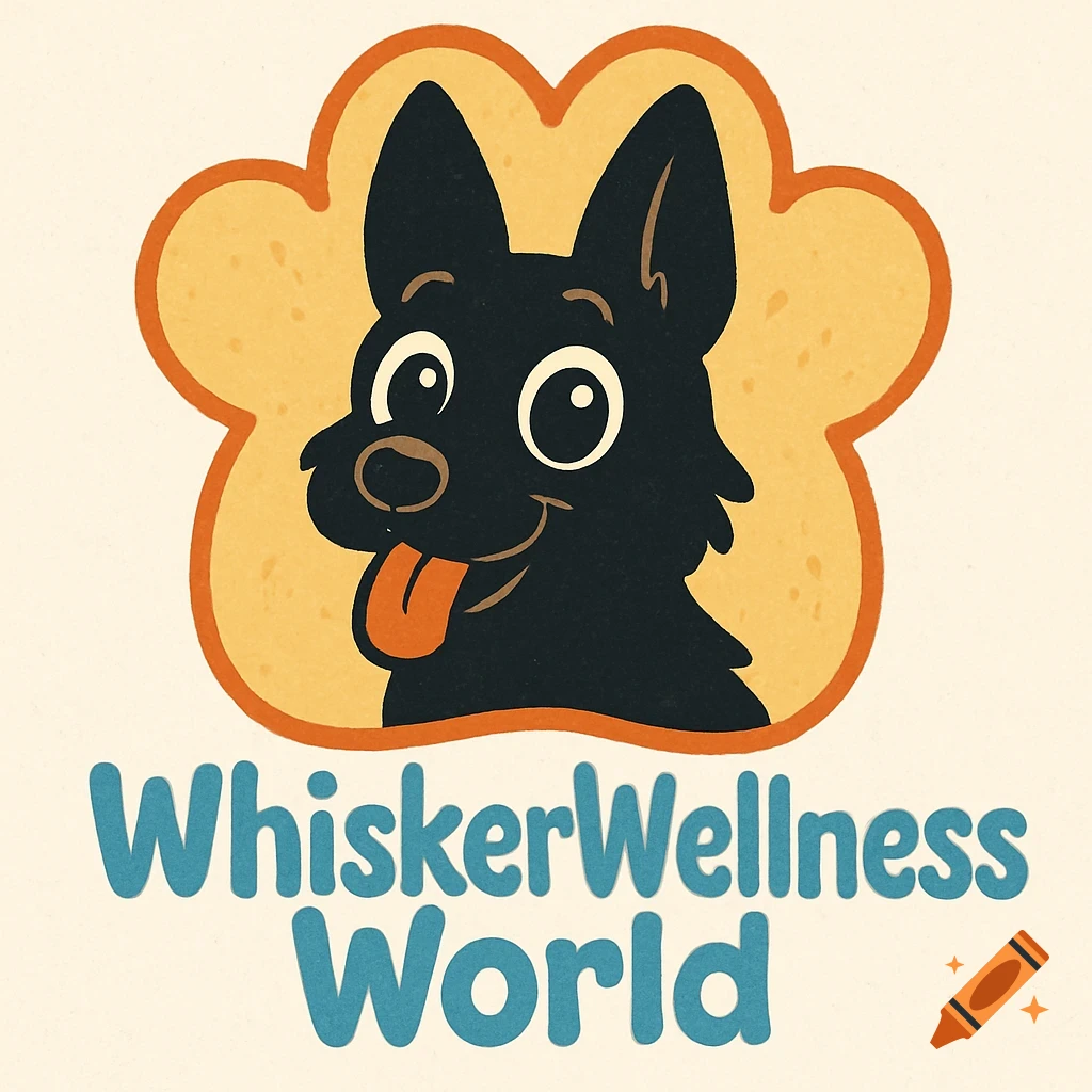 A cute cartoon German Shepherd dog with large eyes and a tongue sticking out, inside a paw-shaped orange and yellow badge. Below the badge, the brand name "WhiskerWellness World" is written in a bubbly blue font.