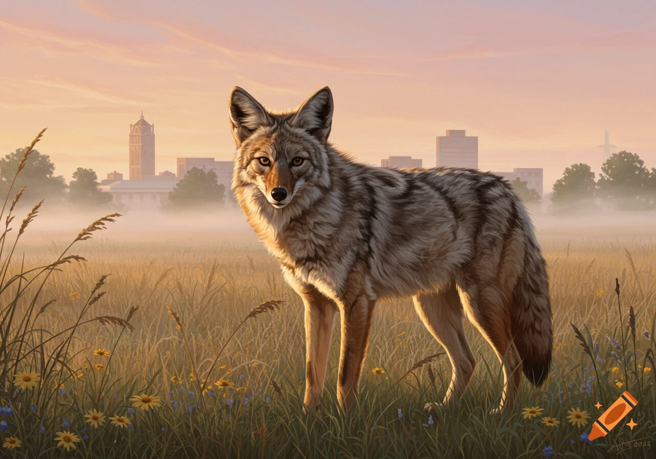 Coyote in a grassy field with yellow and blue wildflowers, backlit by a soft sunrise over a misty cityscape, in a realistic painting style.
