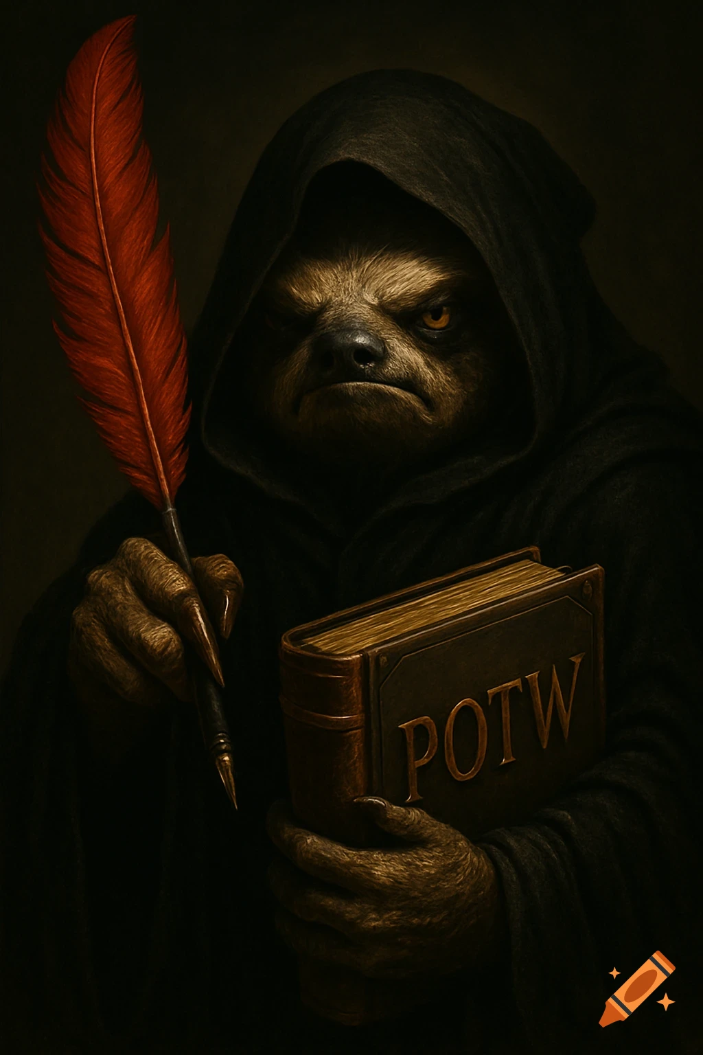 A scowling sloth in a dark hooded robe holds a red feather quill and a book titled "POTW" in a dramatic, dark portrait style.