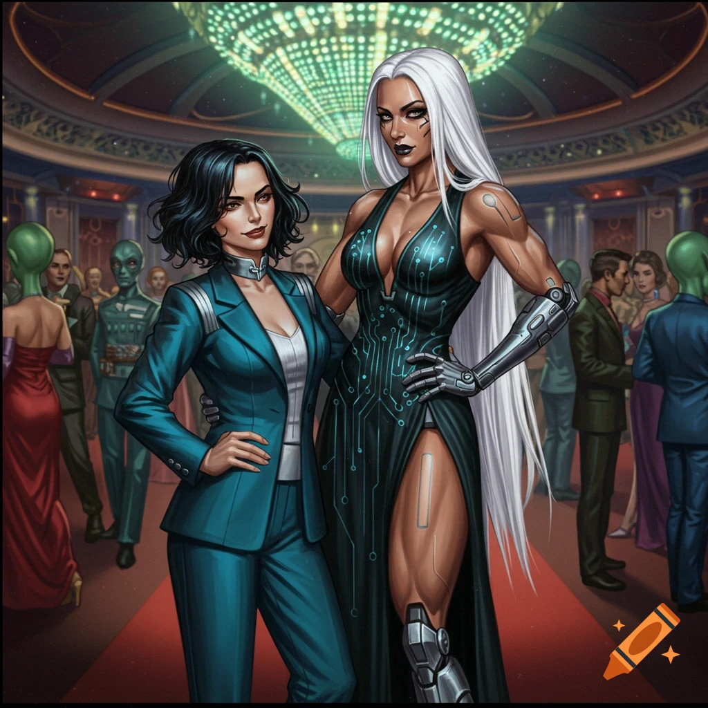 Two women, one in a teal suit, one with cybernetic parts in a black gown, at a retro-futuristic sci-fi gala with alien guests.