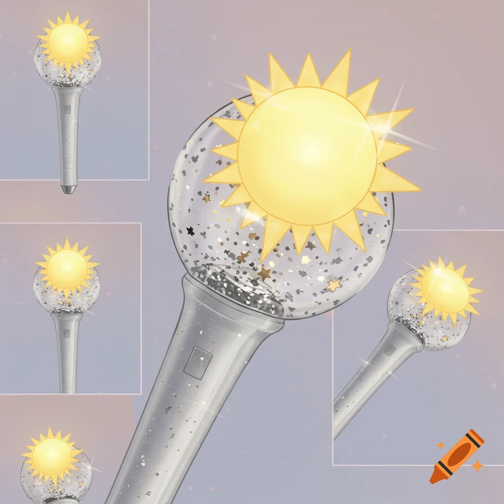 A stylized K-pop lightstick with a glossy white handle, a clear glitter globe filled with stars, and a luminous yellow sun on top, shown in multiple views.