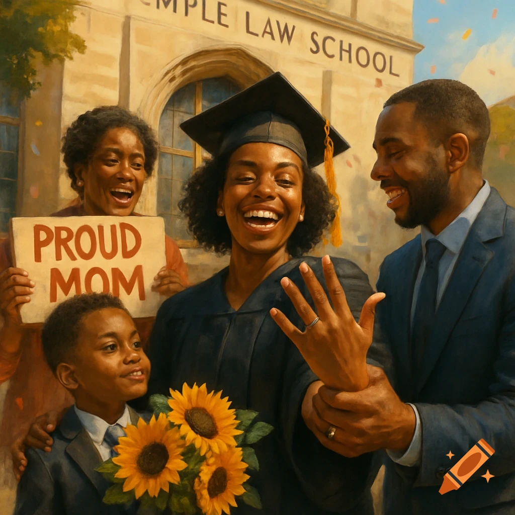 A Black woman in graduation gown joyfully shows her ring, surrounded by family, including her husband, son with sunflowers, and mother with a 'PROUD MOM' sign, in front of Temple Law School building, painted style.