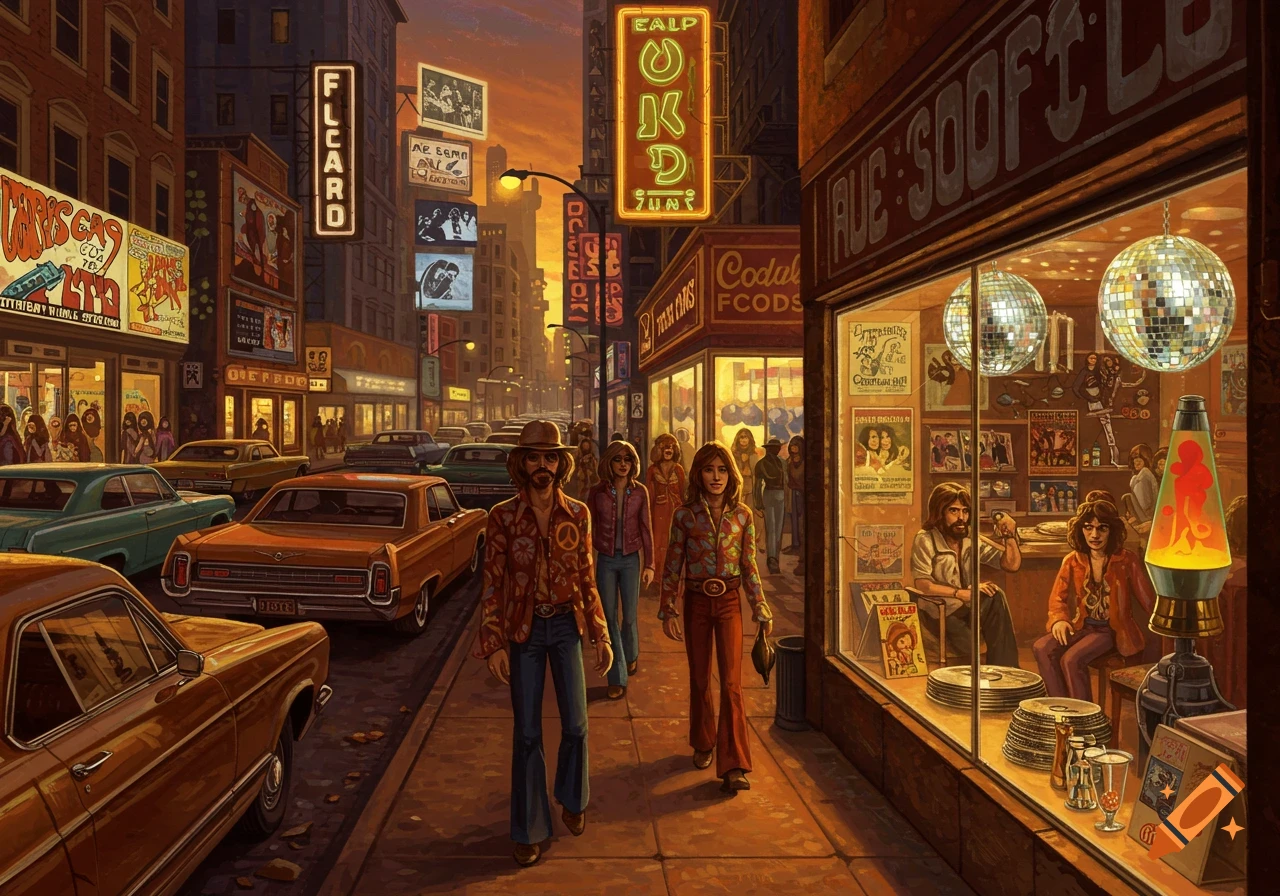 A colorful, retro-style illustration of a bustling 1970s city street scene at dusk, with people in bell bottoms walking past shops, classic cars, and neon signs.