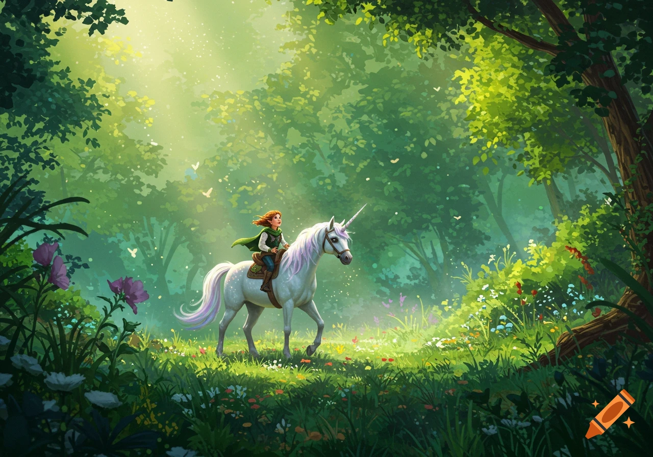 A young person in a green cloak rides a white unicorn through a vibrant, sunlit forest filled with wildflowers.