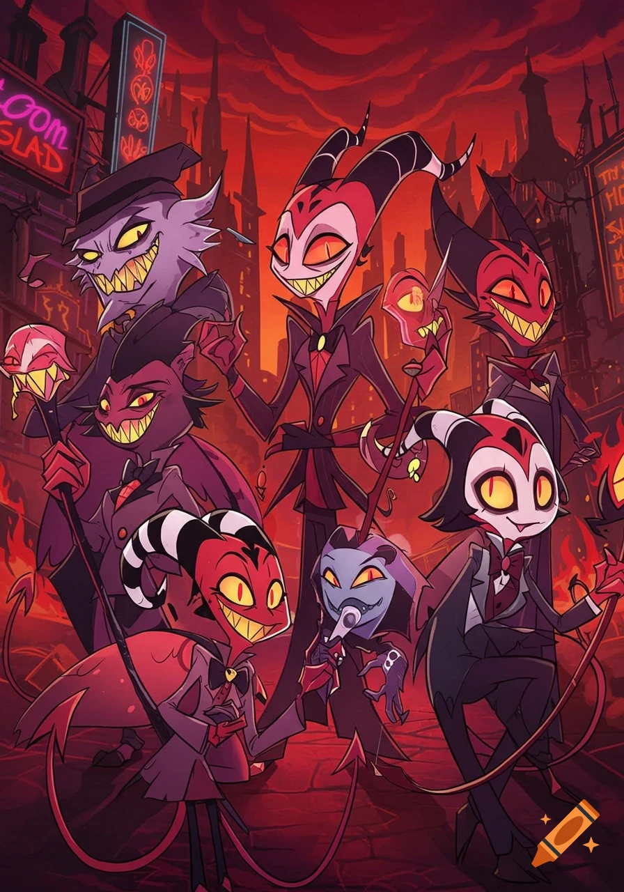 A group of stylized, smiling demon characters with horns and sharp teeth in an urban, red-hued setting, in the style of Helluva Boss.