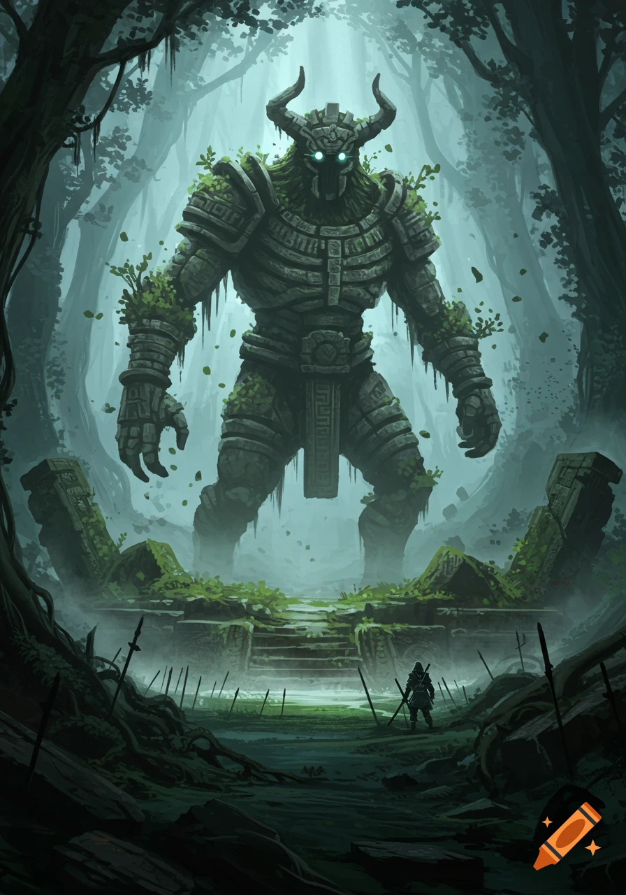 A colossal, moss-covered stone golem with glowing eyes stands over ancient ruins in a misty forest, with a small warrior below.