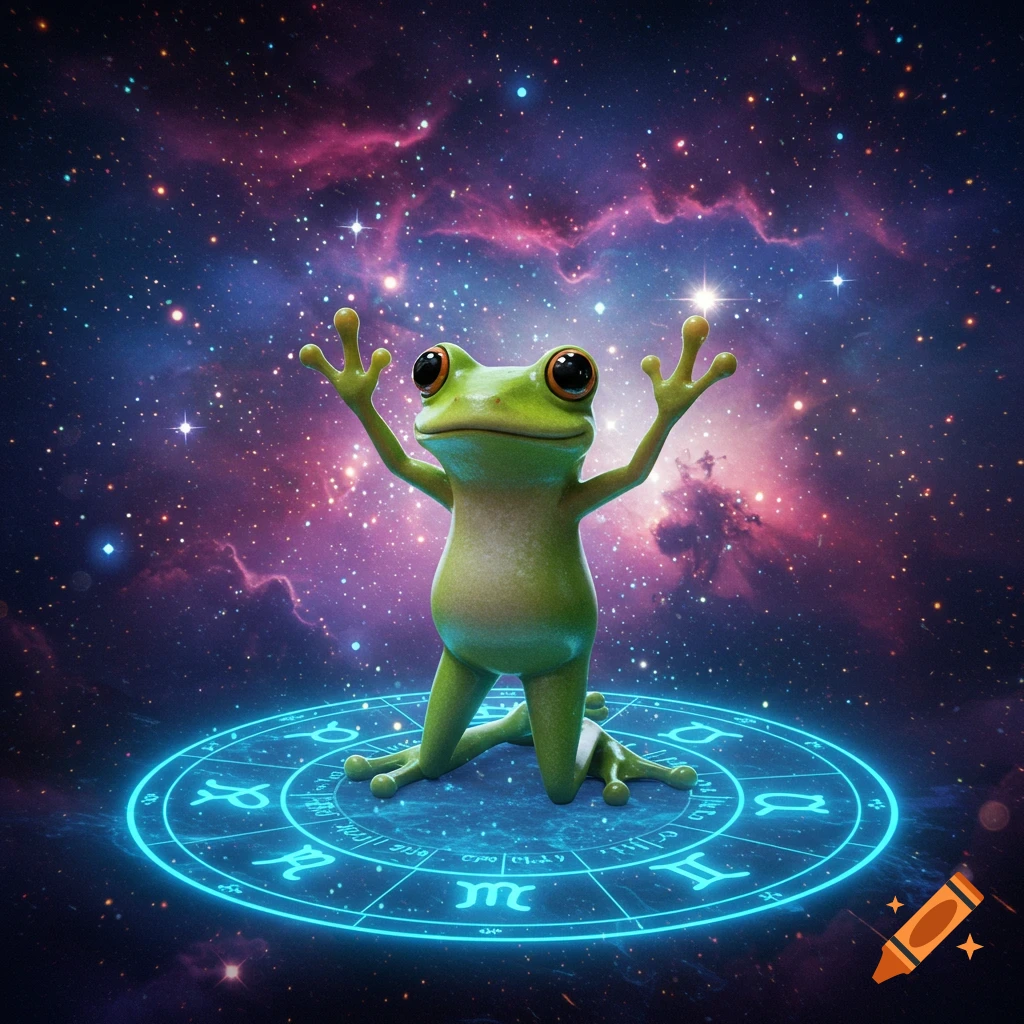A cute green frog with arms raised kneels on a glowing blue zodiac circle in a vibrant cosmic background filled with stars and nebulae.