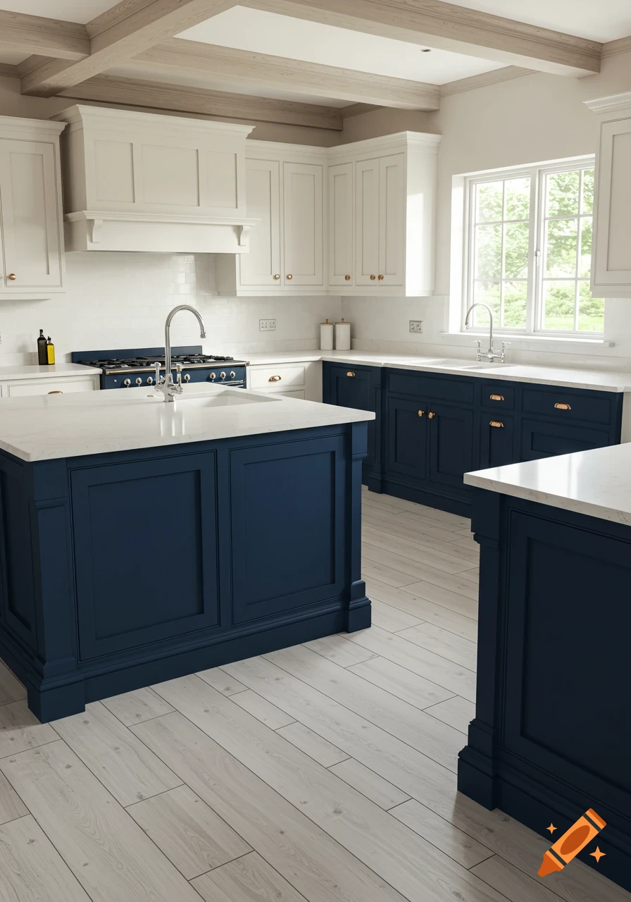 Modern kitchen with white upper cabinets, navy blue lower cabinets, and two islands, with cream quartz countertops and light wood floors.