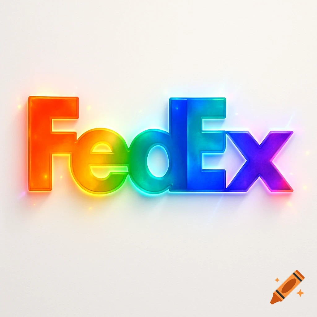 Rainbow-colored, glossy FedEx logo with a glowing effect on a white background.