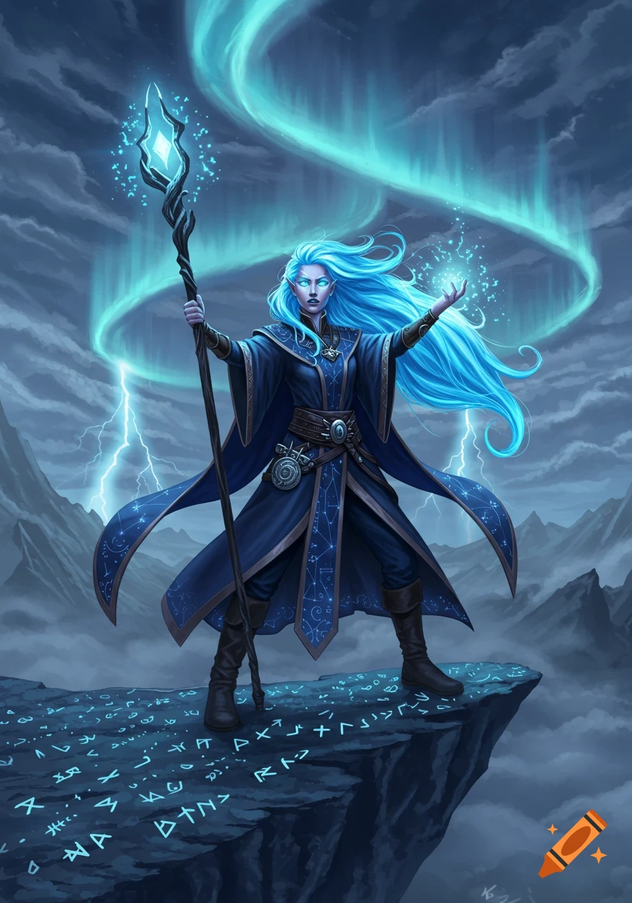 A powerful female wizard with bright blue hair in a blue robe stands on a rune-covered cliff, casting magic.