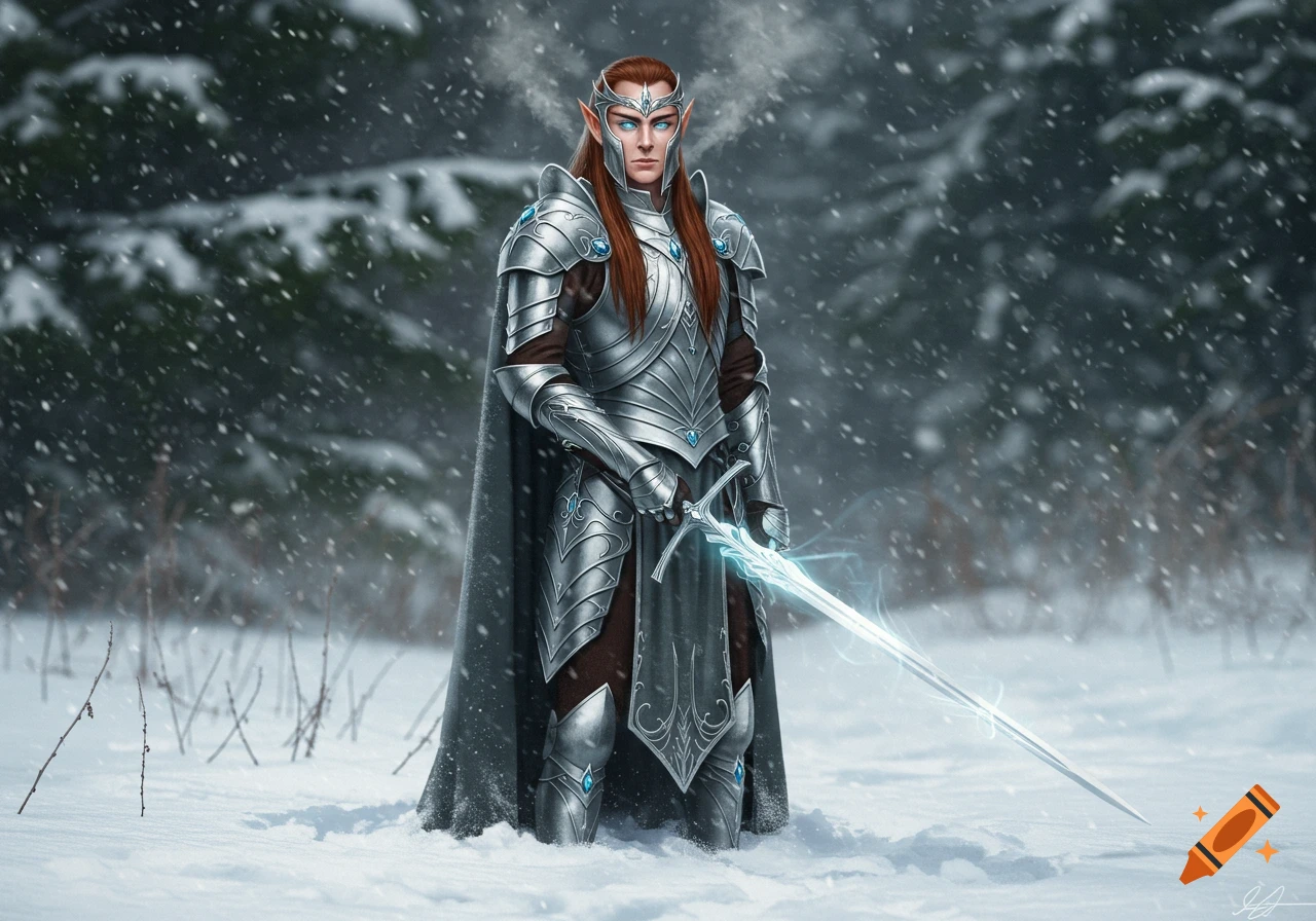 A high elf warrior in ornate silver armor holds a glowing magical sword in a snowy forest. Photorealistic digital art.