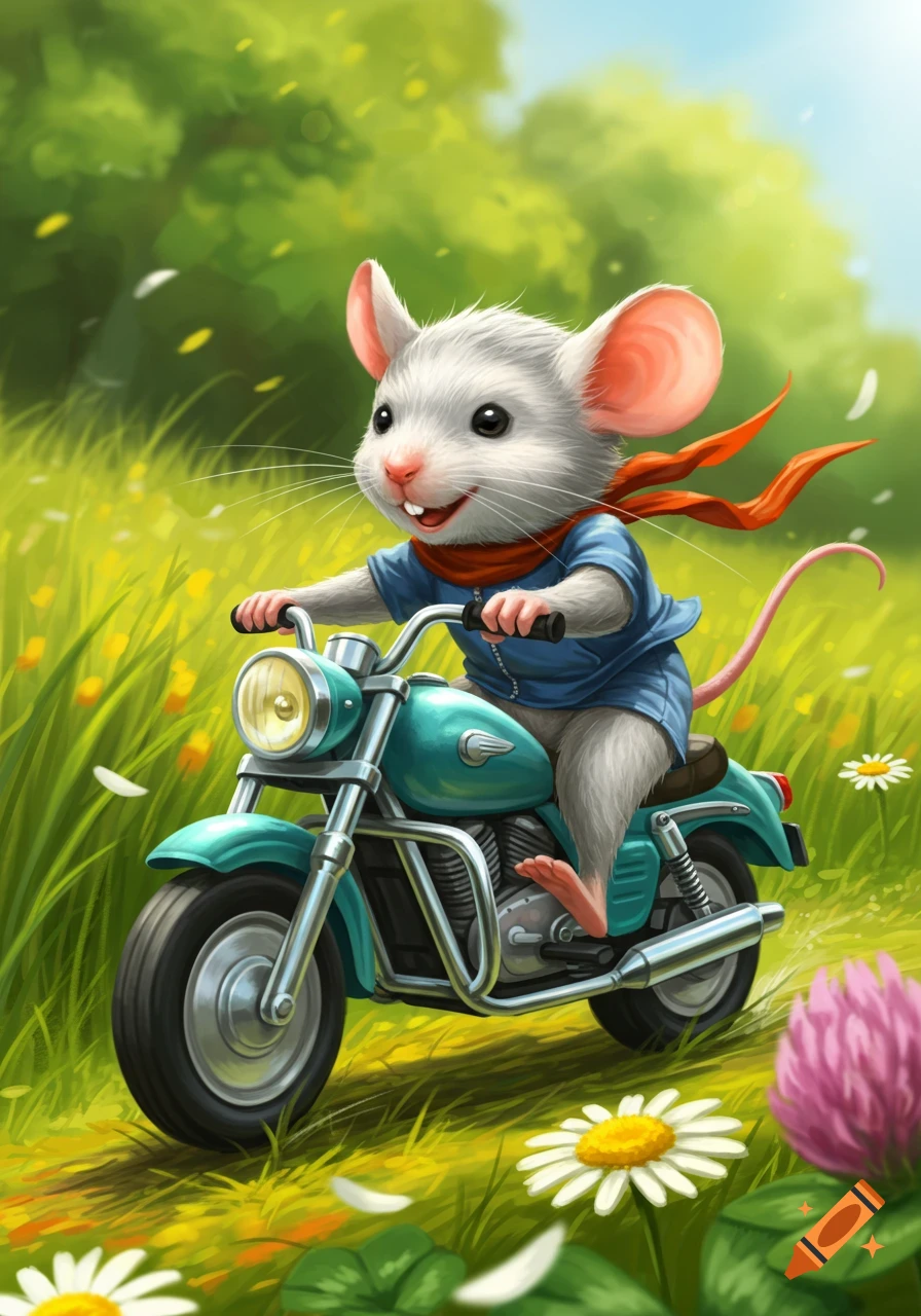 A cute cartoon mouse rides a teal motorcycle through a sunny green field with flowers.