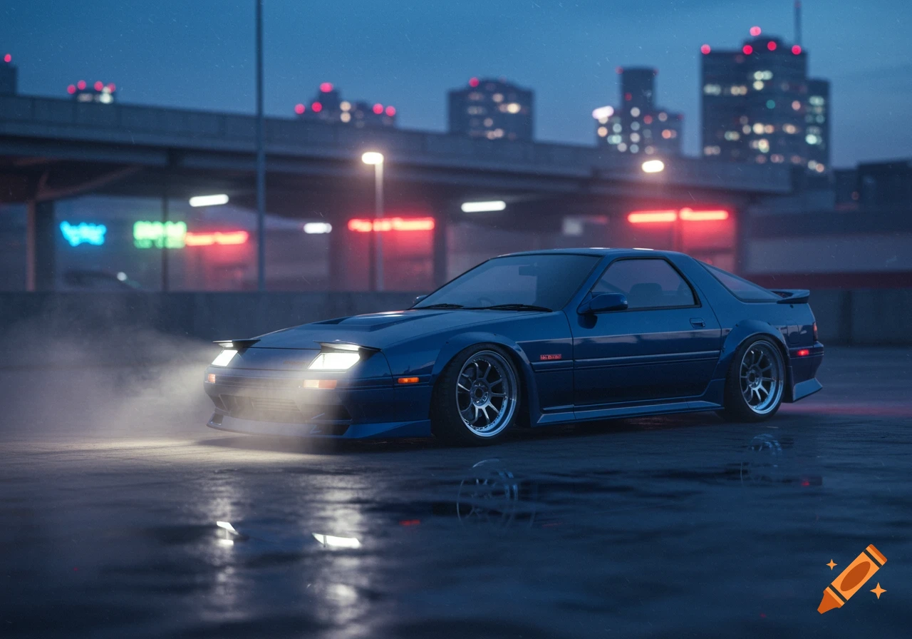 A custom blue Mazda FC RX-7 sports car is parked on a wet surface at night, headlights on, with city lights and an overpass in the background.