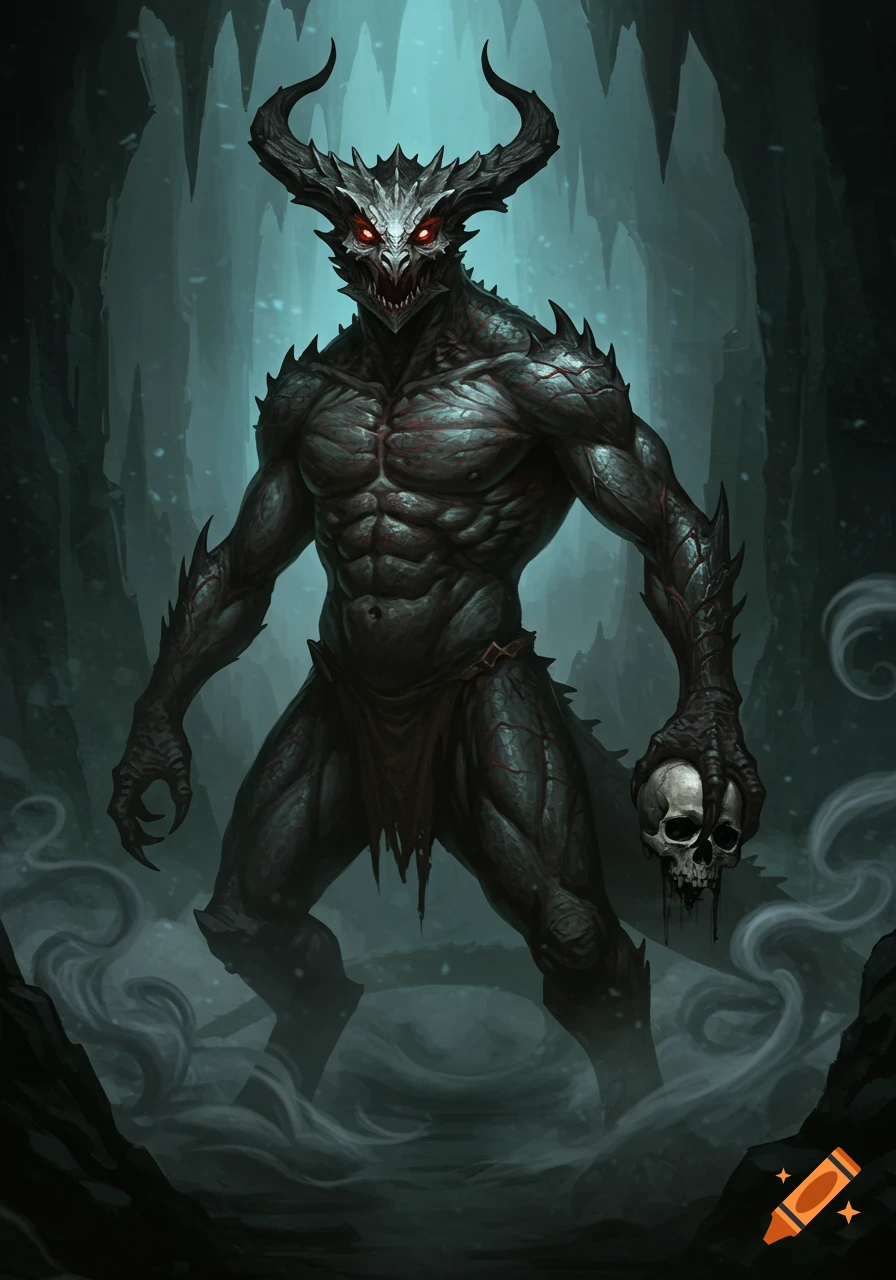 A menacing, horned demon with glowing red eyes stands in a misty cave, holding a human skull.