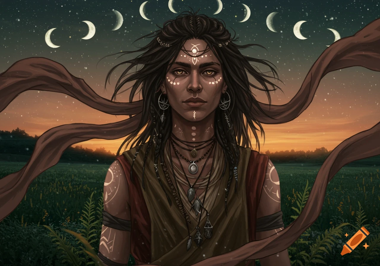 A dark-skinned person with long, flowing hair and mystical face paint and tattoos stands in a field under a starry, moonlit sky at sunset, with a flowing brown fabric around them.