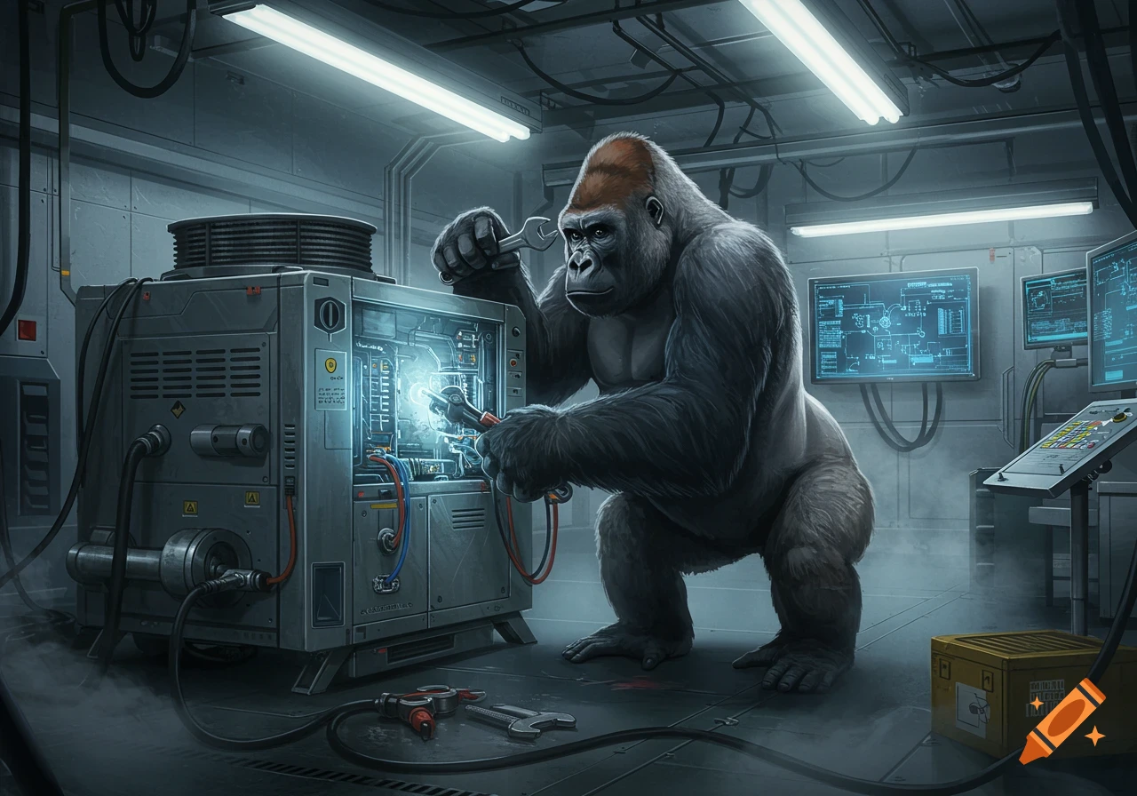 A large gorilla works on complex glowing machinery in a dimly lit, futuristic laboratory, holding a wrench and pliers.