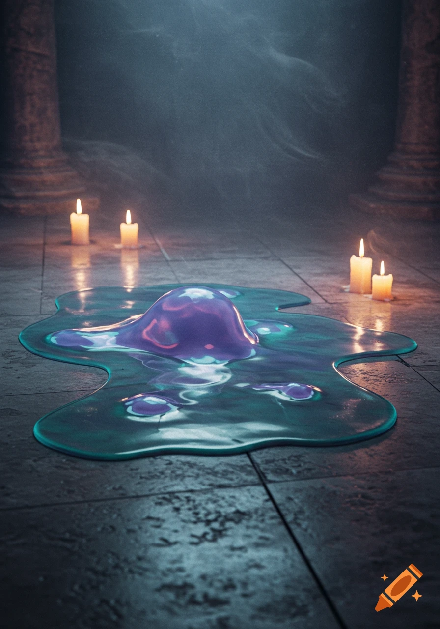 A glowing purple and teal amorphous blob melts on a dark stone floor, illuminated by four candles in a mysterious, columned room.