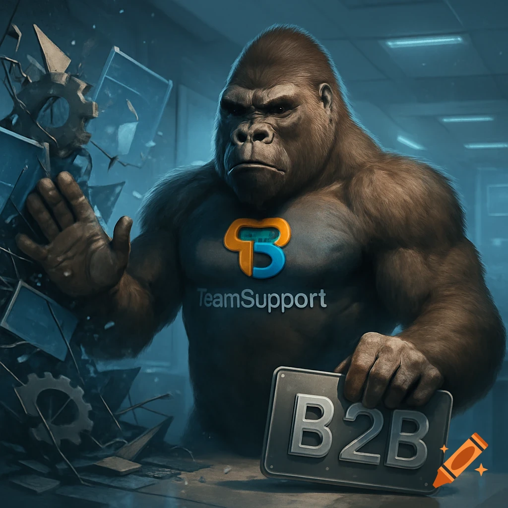 An illustrative image of a strong gorilla with a 'TeamSupport' logo on its chest, holding broken machinery and a 'B2B' sign.
