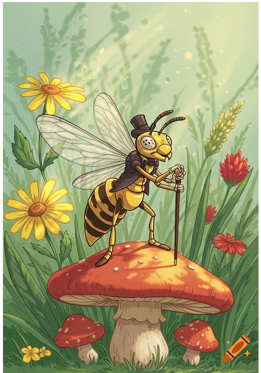 A cartoon illustration of a wasp in a top hat and suit, holding a cane, standing on a mushroom in a field of flowers and grass.