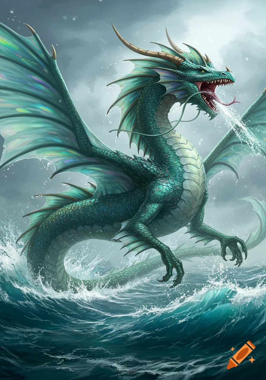 A majestic teal-green dragon with large wings and horns rises from a stormy ocean, spitting water, in a detailed fantasy illustration.