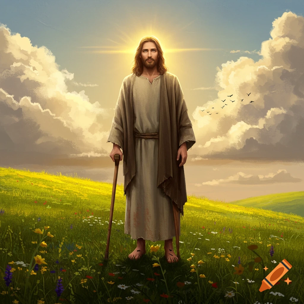 Jesus stands in a bright, sunlit field of green grass and wildflowers, holding a staff, under a cloudy sky with birds.