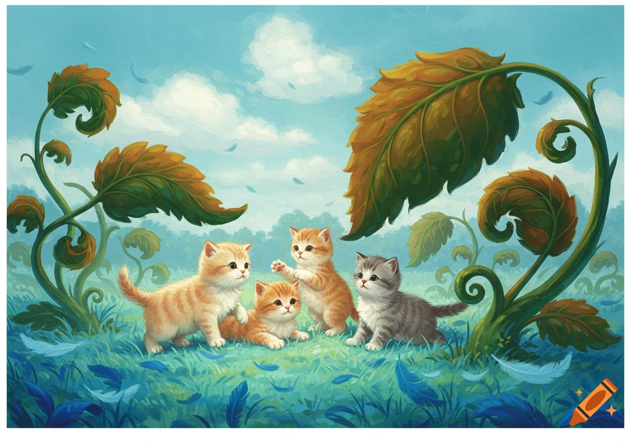 Four adorable kittens, mostly orange with one grey, play in a vibrant, stylized field of blue feathers and large leaves, rendered in an oil pastel style.