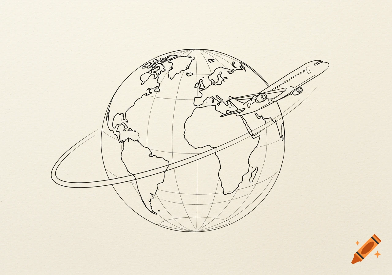 Line drawing of an airplane circling a globe, depicting global travel.