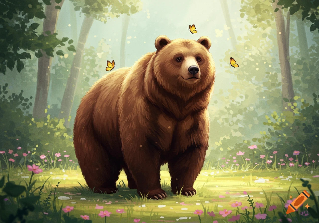 A brown bear with a pear-shaped body stands in a sunlit forest clearing with pink flowers and yellow butterflies.