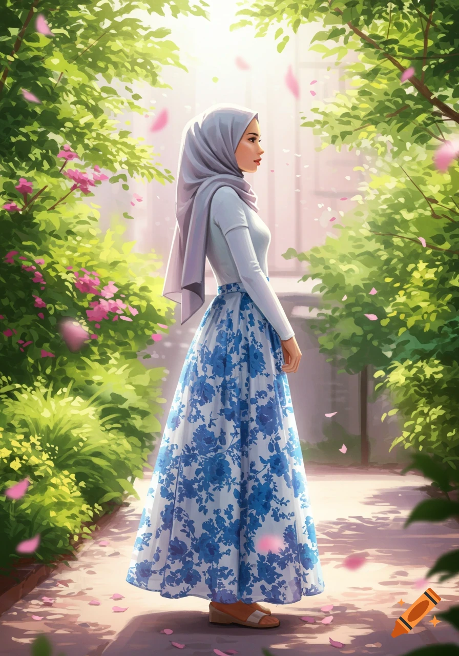 An illustration of a woman in a grey hijab and blue floral maxi skirt standing on a sunlit pathway in a lush garden with pink petals.