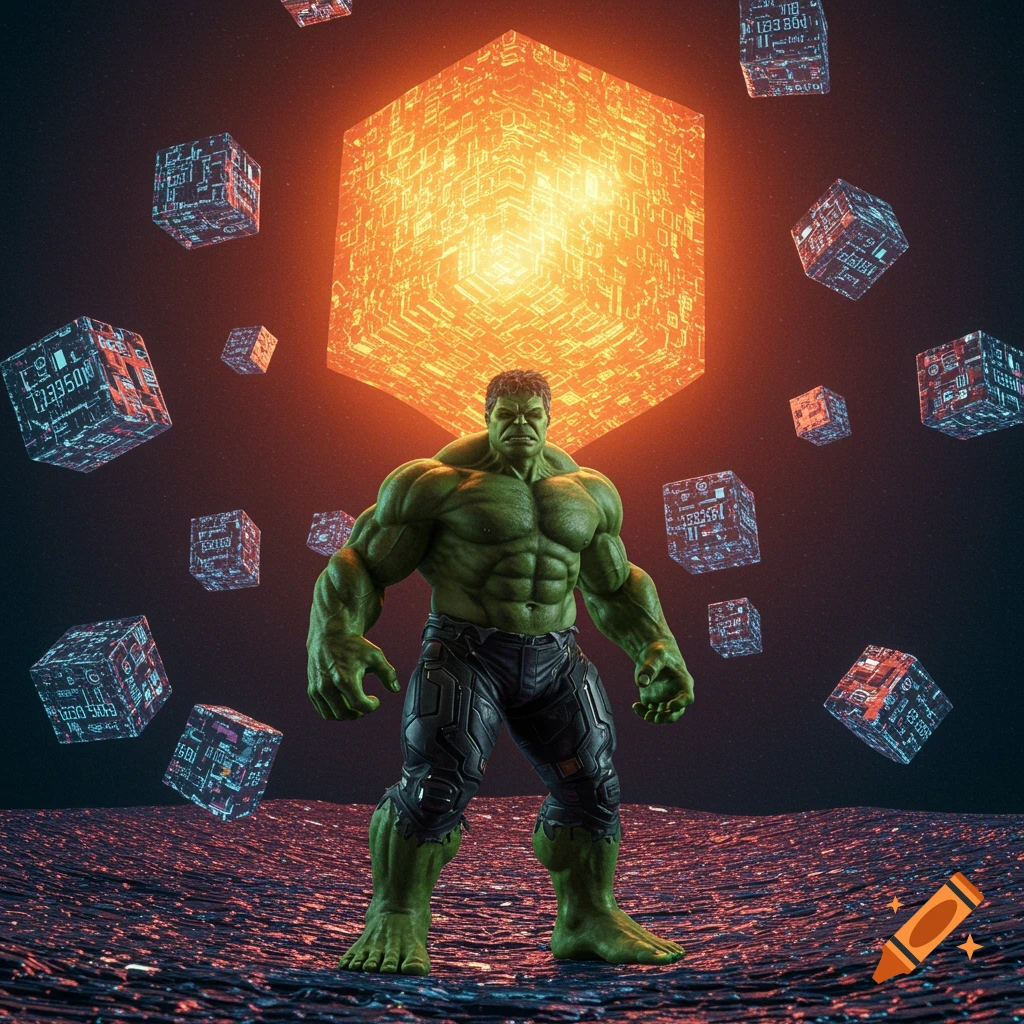 The Hulk stands on a dark, reflective surface under a giant, glowing orange cube, surrounded by smaller floating cubic objects with circuit patterns.