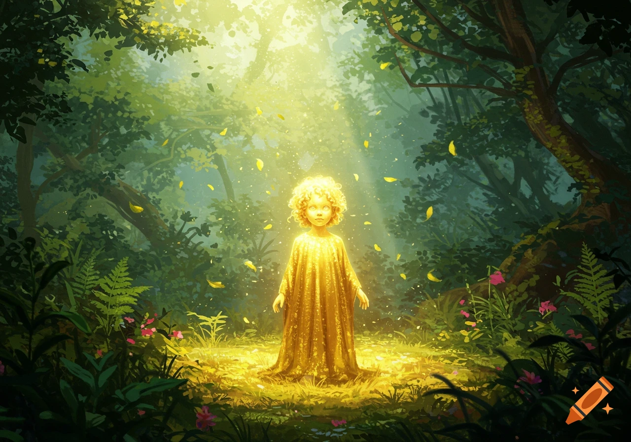 A glowing golden child stands in a lush, sunlit forest with light filtering through the trees.