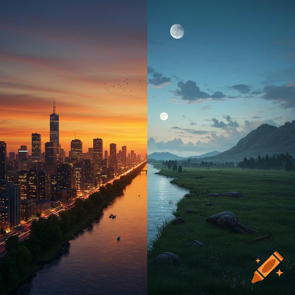 A split image shows a vibrant sunset city skyline with a river on the left and a serene moonlit natural landscape with a river and mountains on the right.