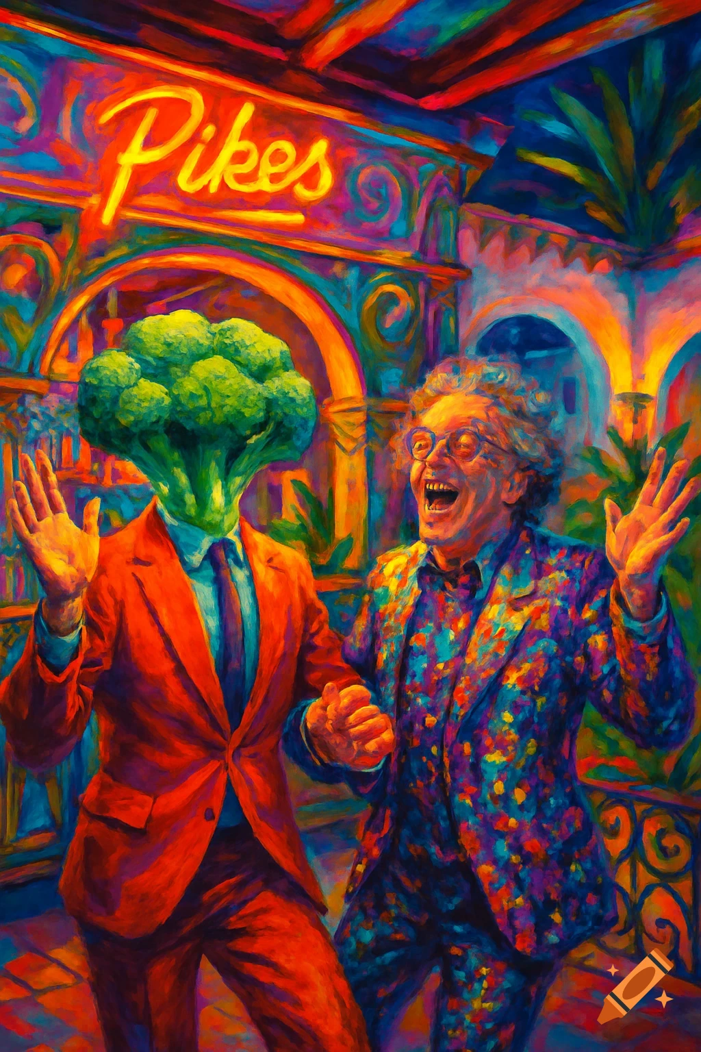 Vibrant, painterly image of a man with a broccoli head in a red suit dancing with an excited man in a colorful suit under a neon sign that reads 'Pikes'.