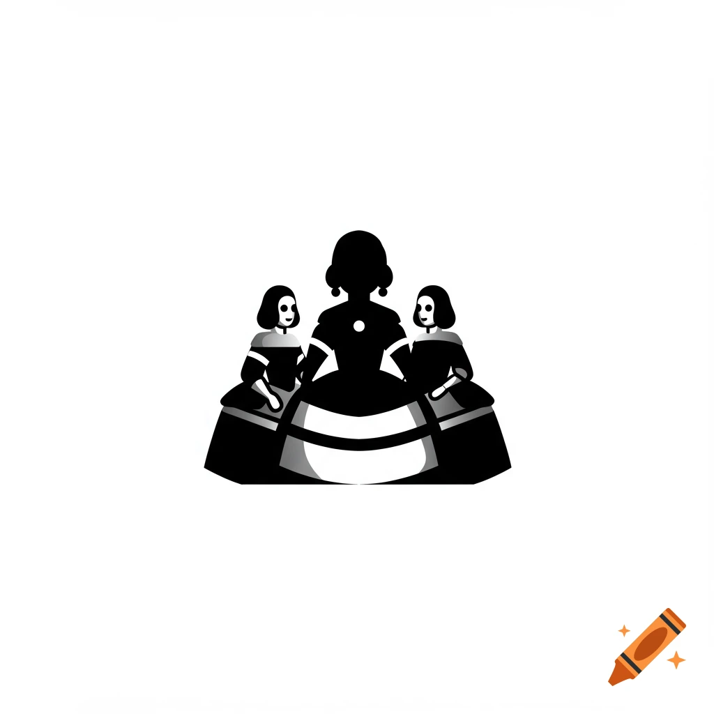 Minimalist black and white graphic icon of three figures in historical dresses, reminiscent of Las Meninas.