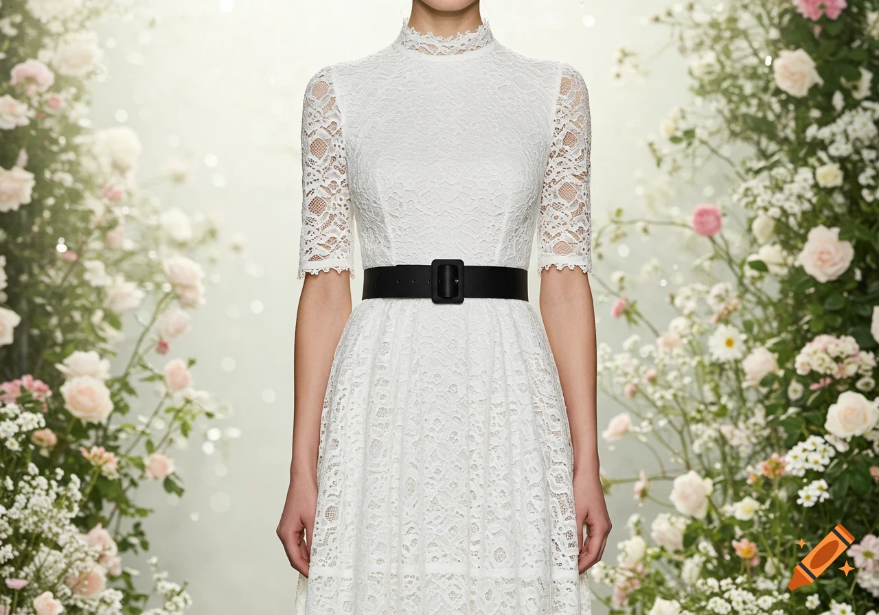 A person wears a white lace dress with elbow-length sleeves and a high neck, cinched with a black belt, against a soft floral background.