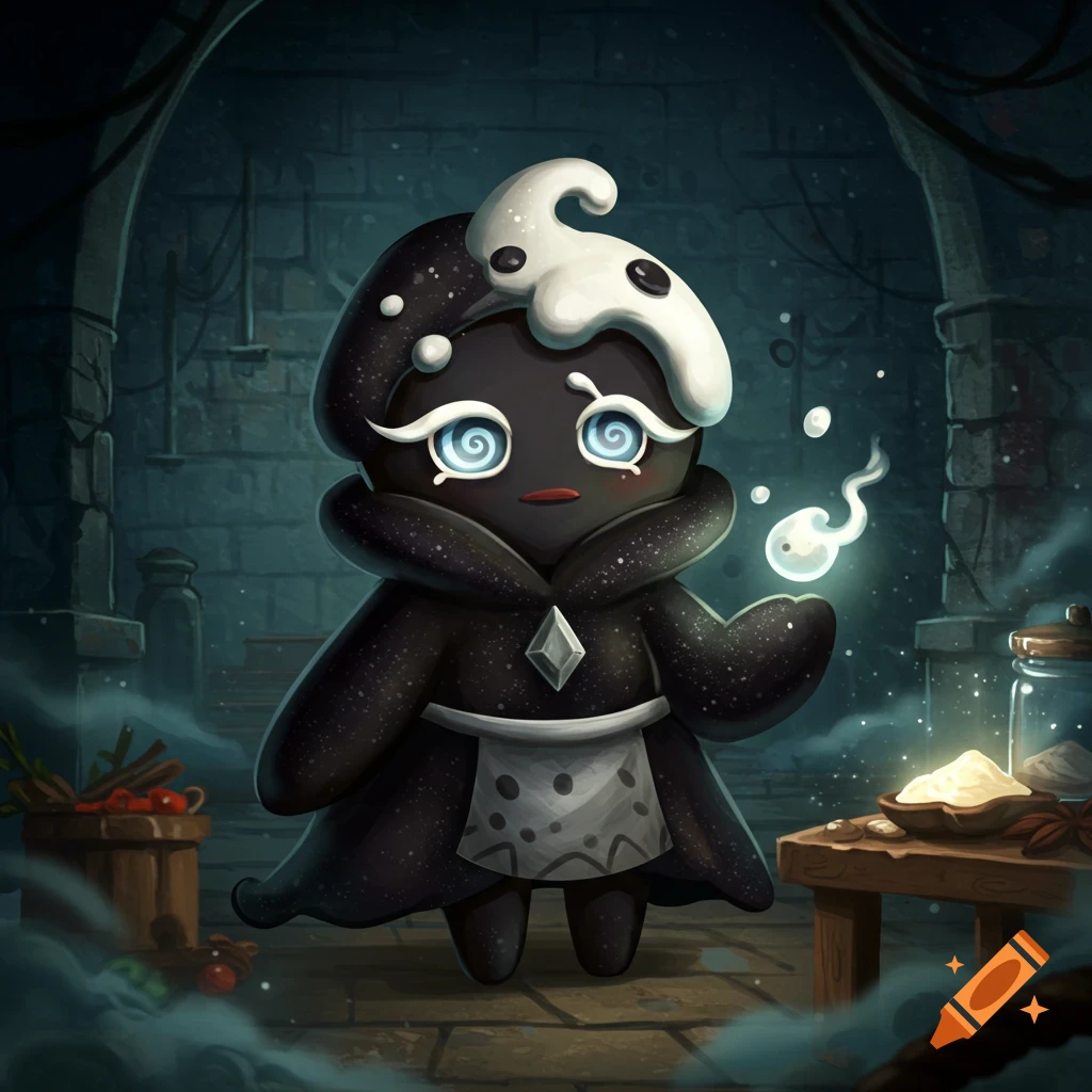 A dark, cookie-like character with white frosting and blue spiral eyes holds a glowing wisp in a shadowy stone room.