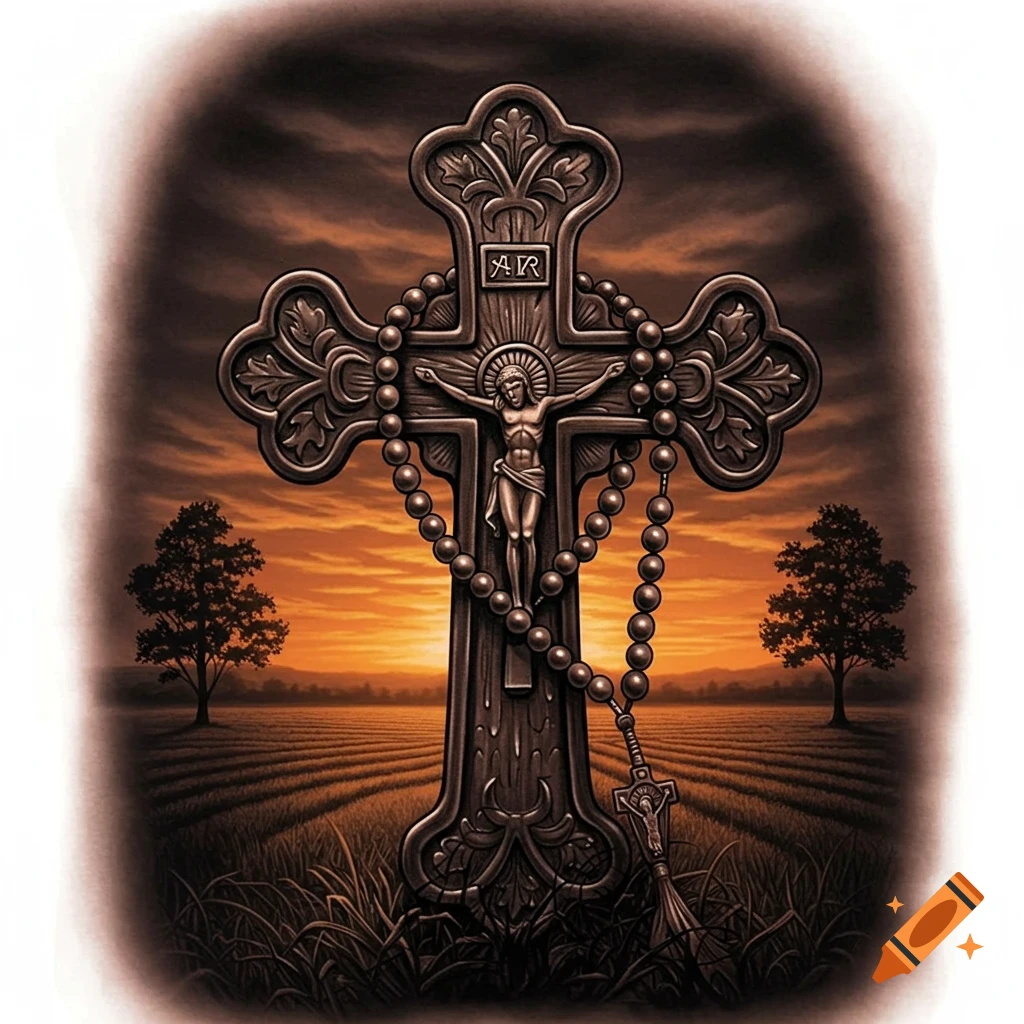 A detailed ornate cross with a crucifix and rosary wrapped around it, set against a sunset landscape with fields and trees.