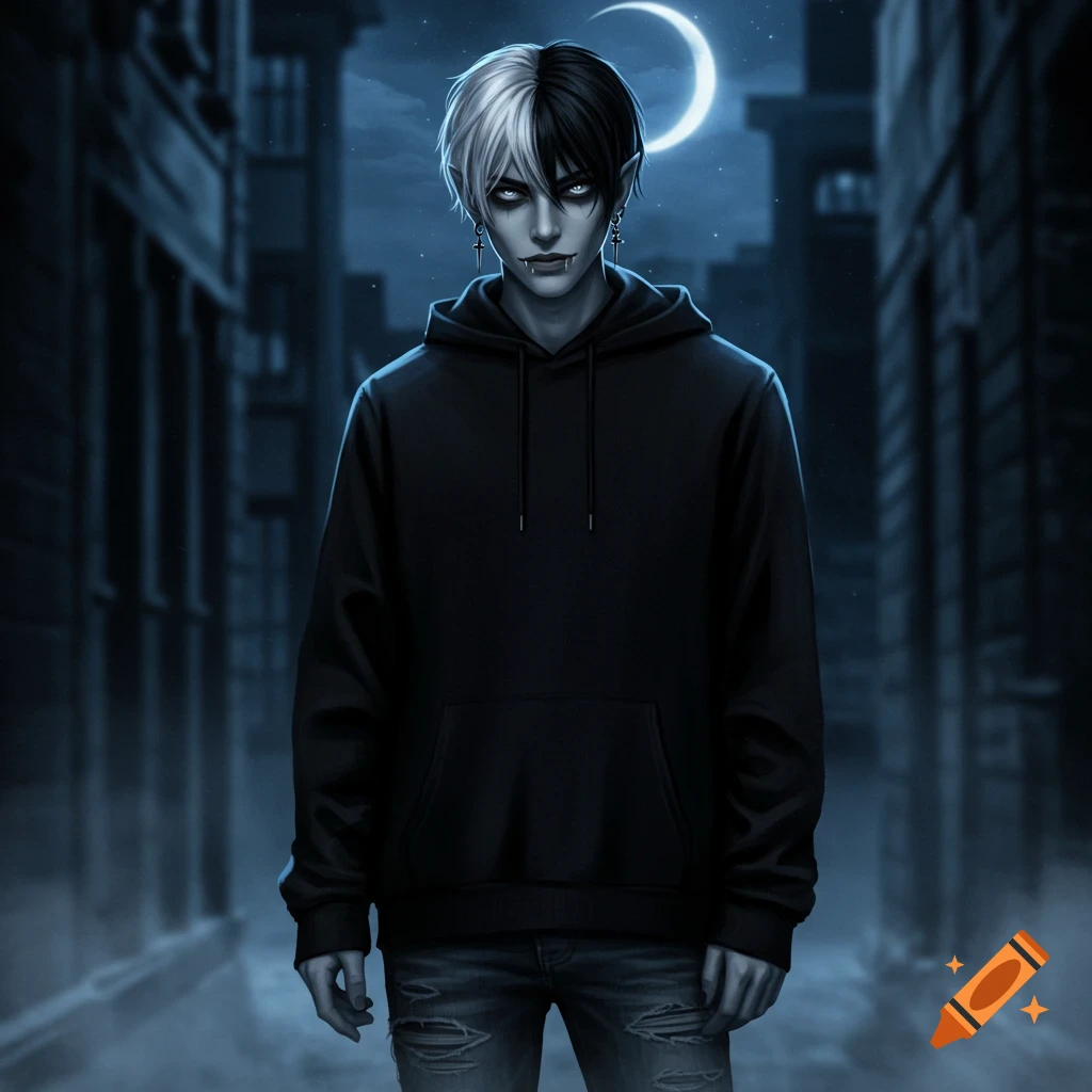 A dark fantasy illustration of a young vampire with half-white, half-black hair, glowing eyes, and fangs, standing in a dark alley under a crescent moon.