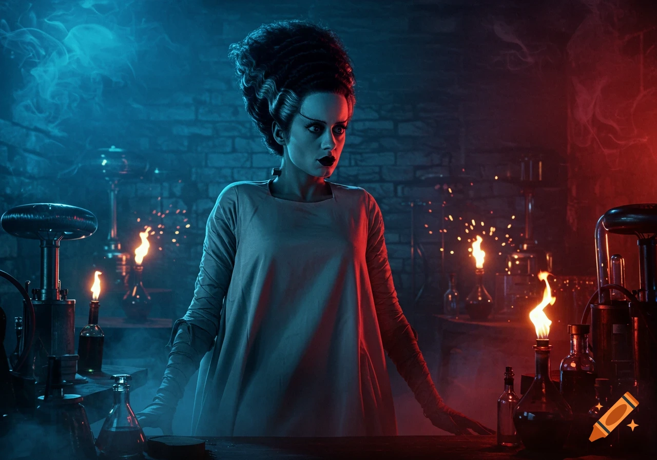 Photorealistic image of the Bride of Frankenstein in a dark, atmospheric laboratory with blue and red lighting.