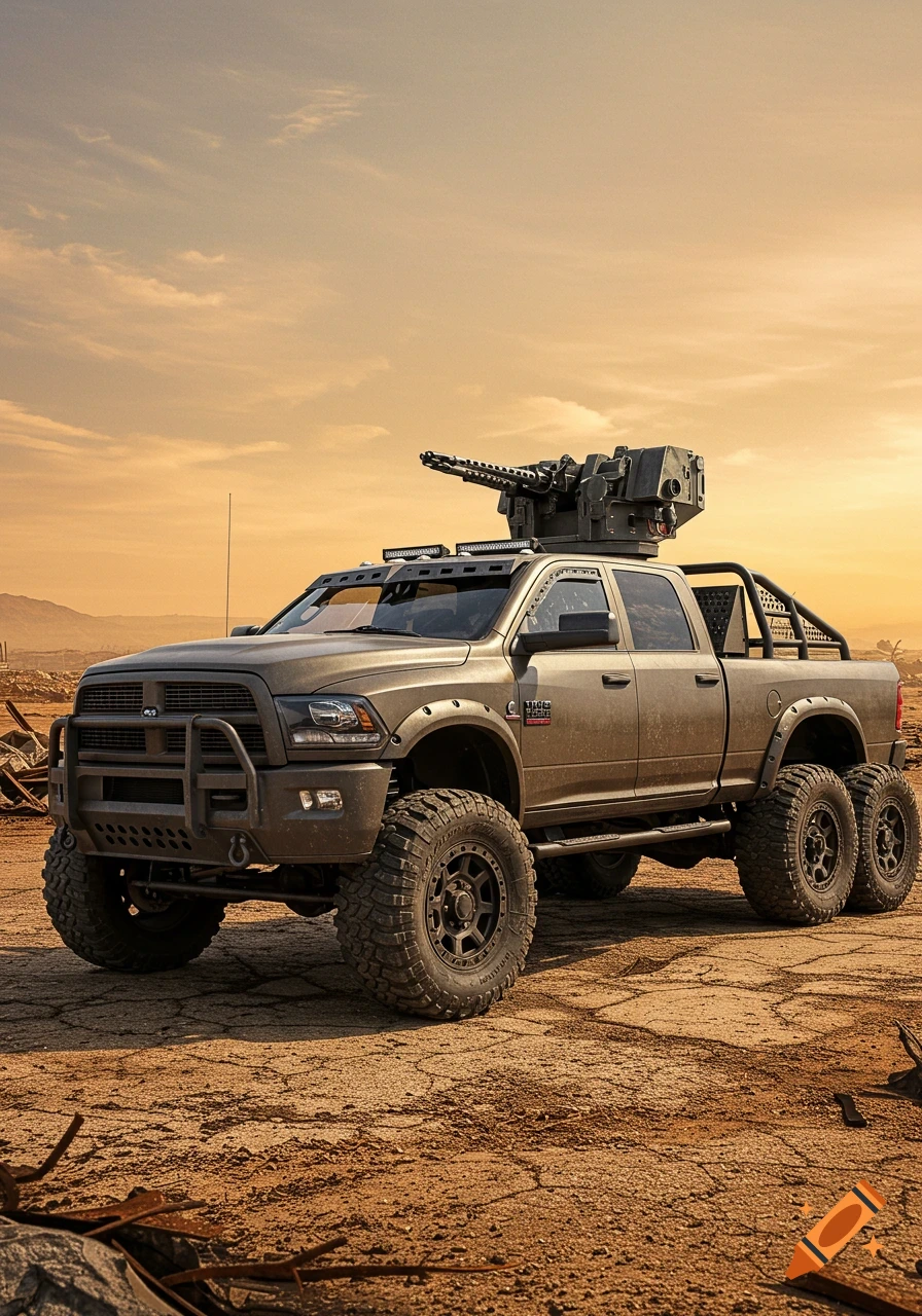A large, photorealistic military-style 6x6 truck with a mounted autocannon on its roof, parked in a barren, dusty desert landscape under an orange sky.