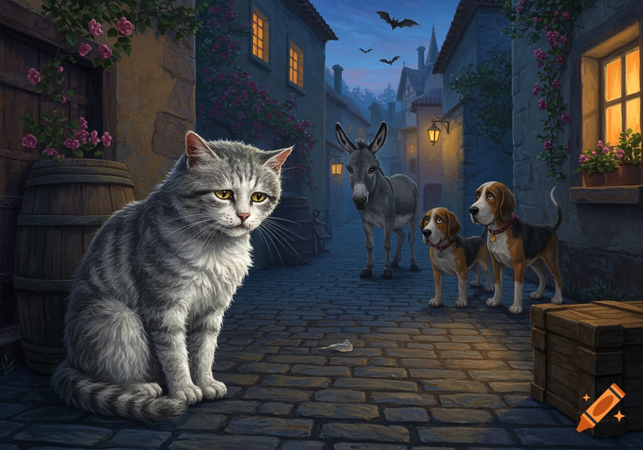 A sad grey tabby cat sits on a cobblestone street in an illustrated European village at night, while a donkey and two dogs stand in the background.