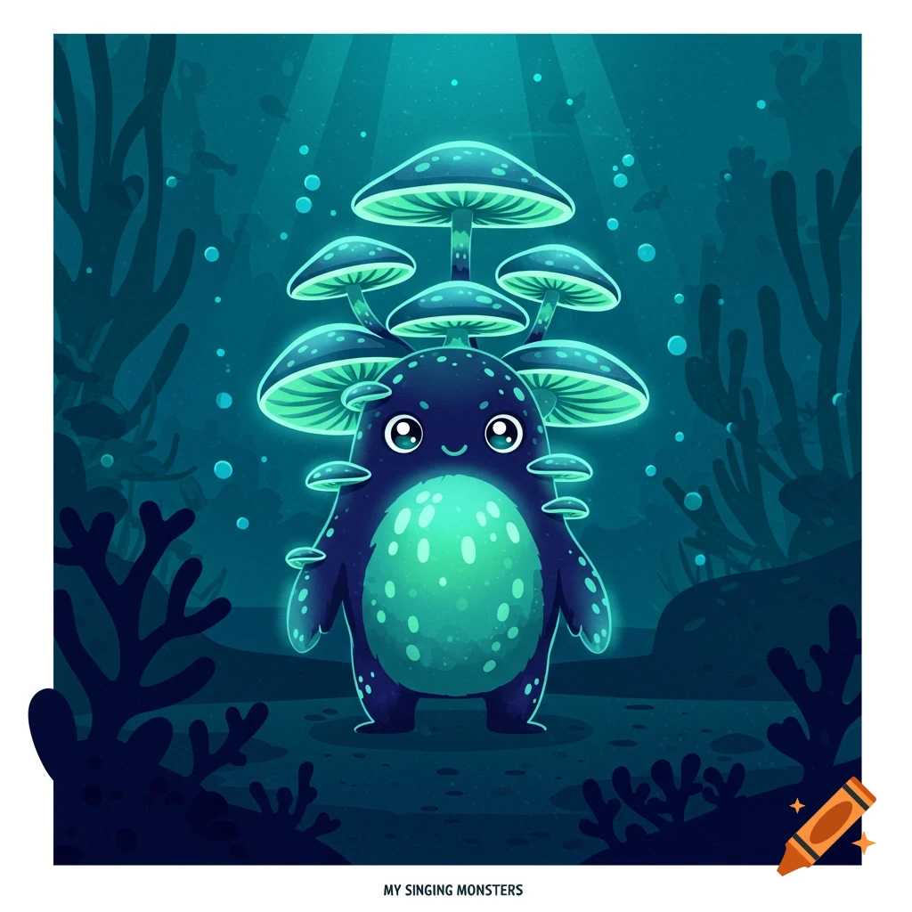 A cute, glowing, dark blue monster with bioluminescent mushrooms on its head and body, standing in a dark blue underwater environment.