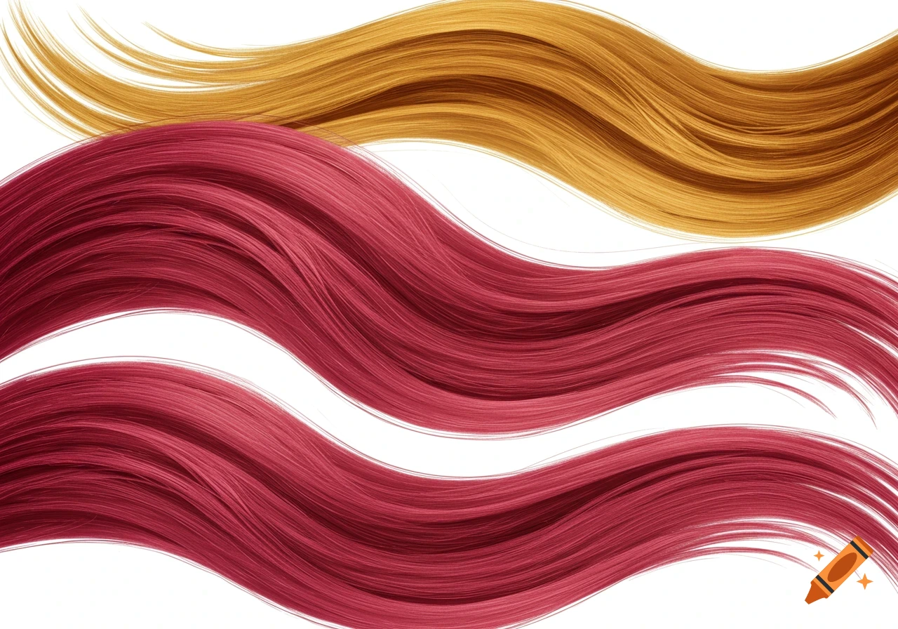 Three wavy strands of hair: one golden blonde and two crimson red, on a white background.